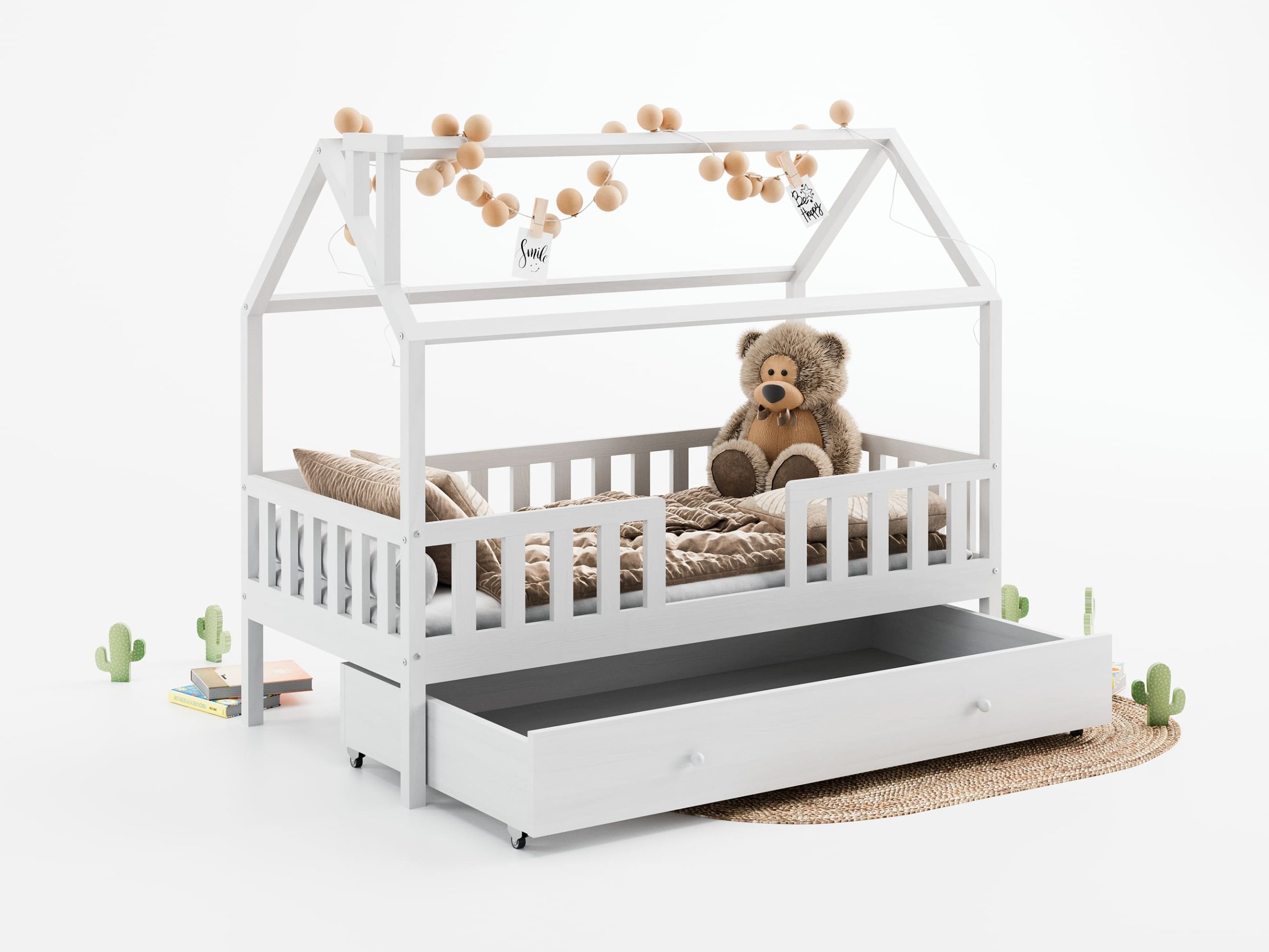 Łóżeczko dla dziecka w wieku trzech lat, białe z daszkiem i szufladą. Inspiracje pokoju dla dziecka.