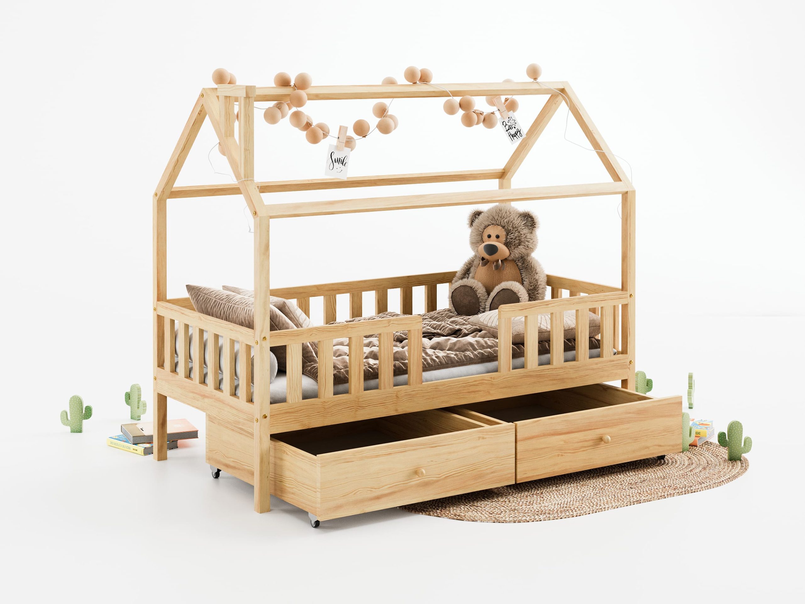 Łóżeczko dla dziecka w wieku trzech lat, lakierowane z daszkiem i dwoma szufladami. Inspiracje pokoju dla dziecka.