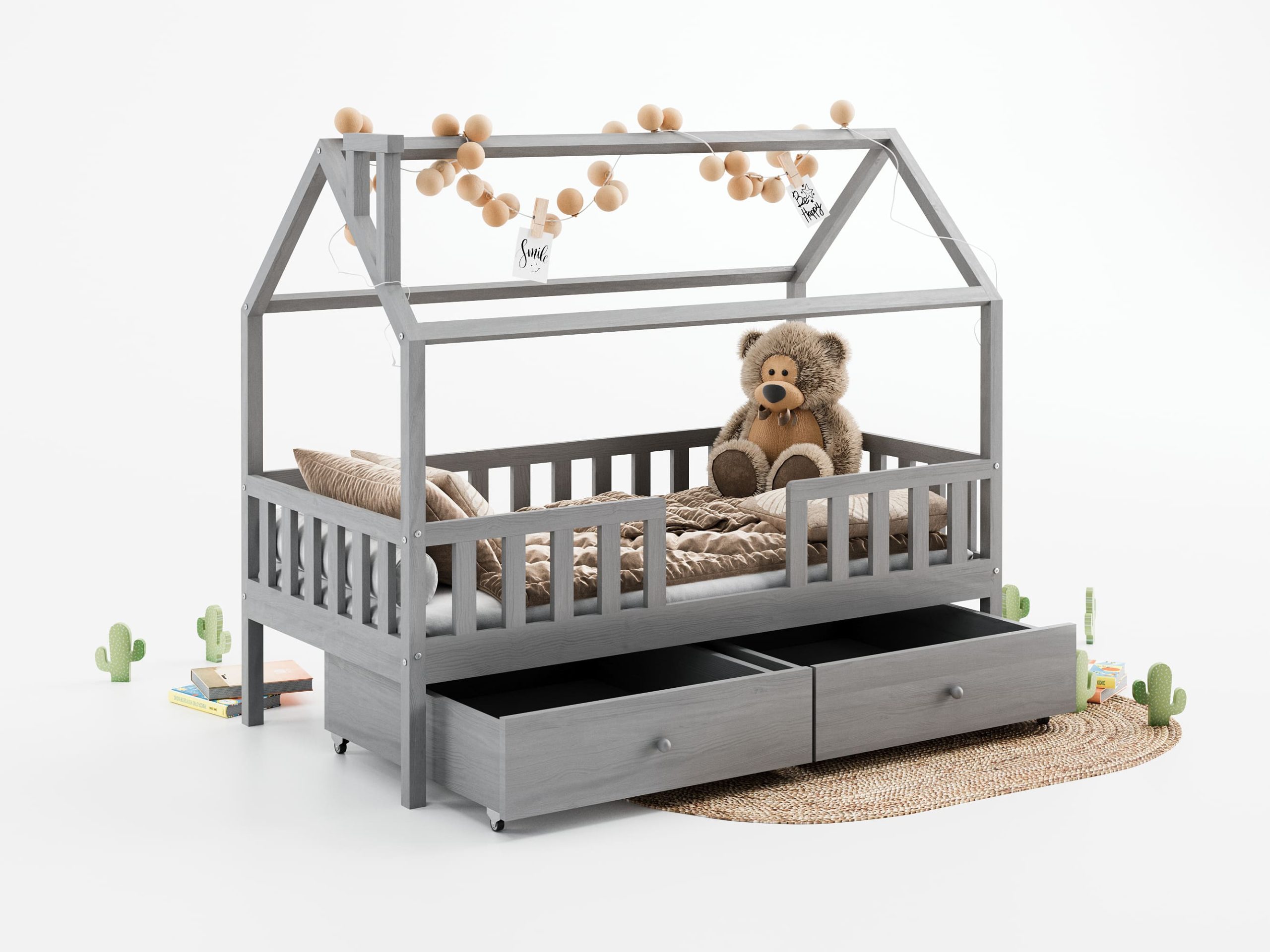 Łóżeczko dla dziecka w wieku trzech lat, szare z daszkiem i dwoma szufladami. Inspiracje pokoju dla dziecka.