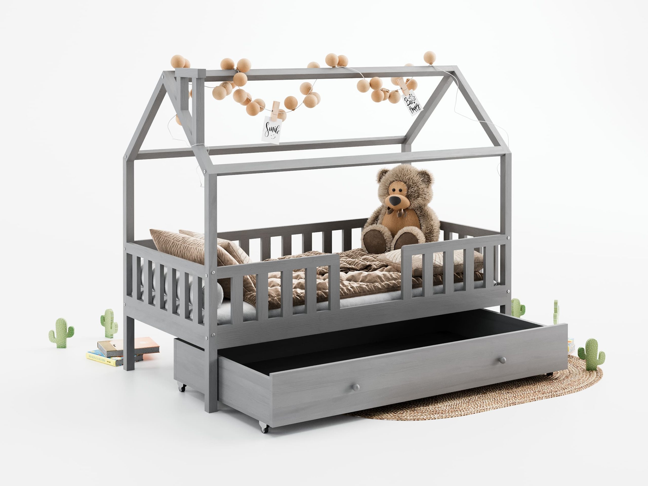 Łóżeczko dla dziecka w wieku trzech lat, szare z daszkiem i szufladą. Inspiracje pokoju dla dziecka.