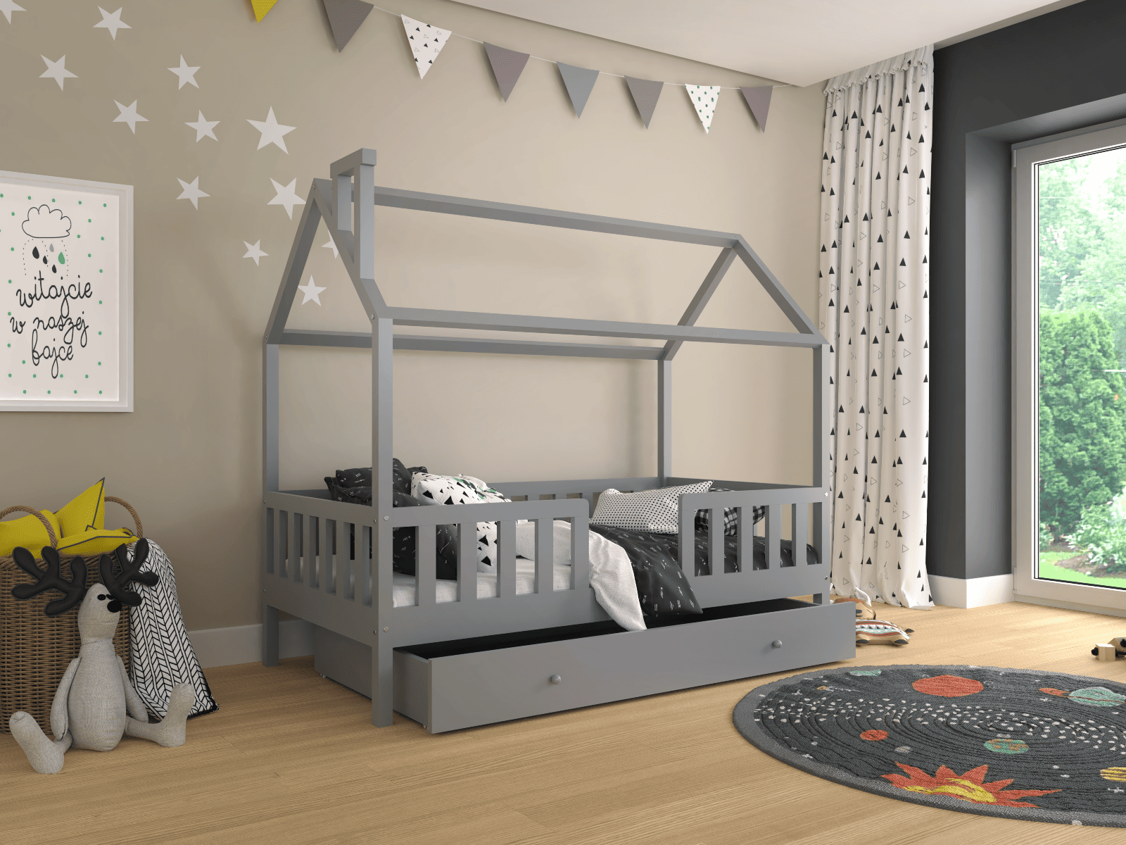 łózka dla dzieci w kolorze szare z jedną szufladą.