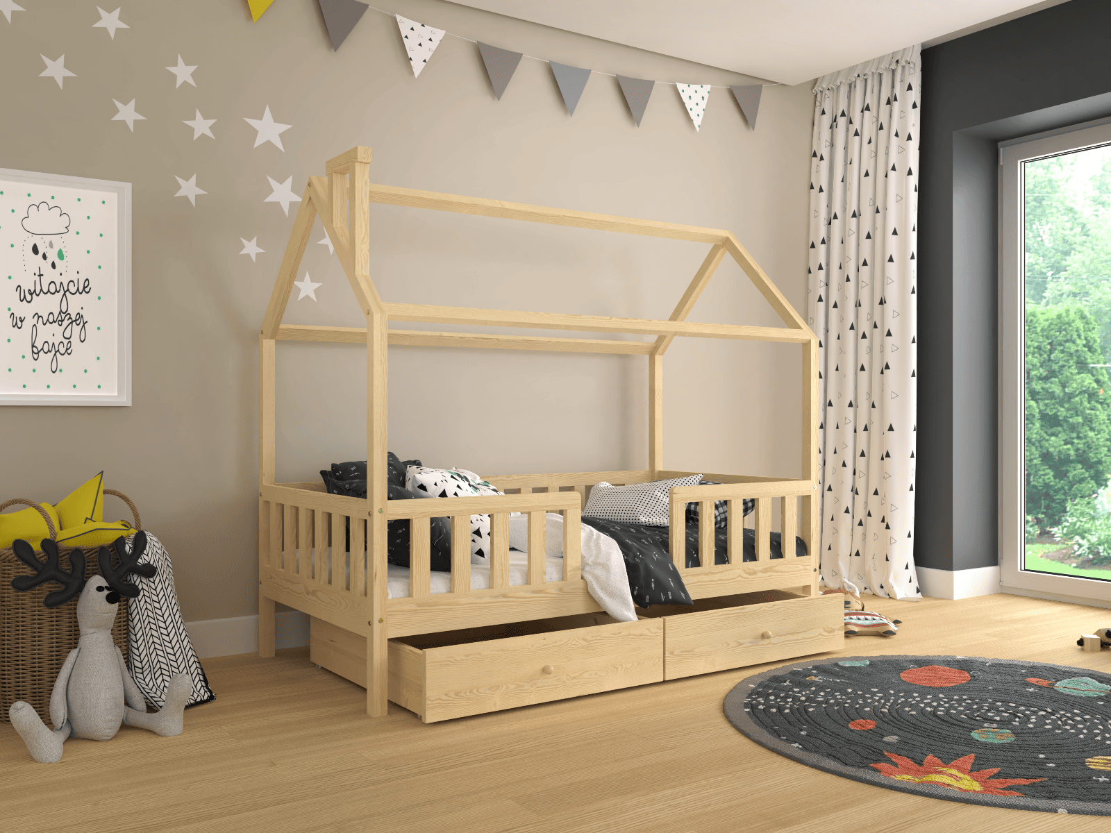 łózka dla dzieci w kolorze szarym z dwoma szufladami.