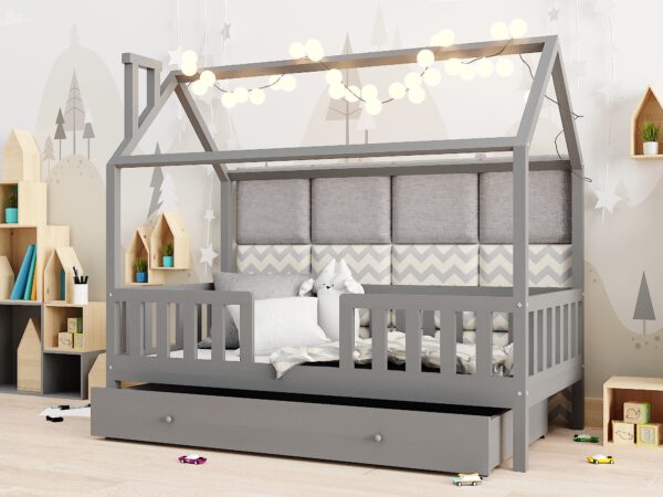 Łóżko domek dla dziecka z szufladą w stylu skandynawskim.