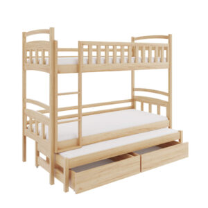 Łóżka piętrowe 3 osobowe dziecięce z drewna i szufladami.